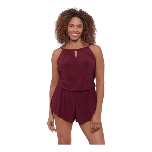 Aqua Green Women Standard Keyhole Blouson Romper Maroon Swimsuit SZ 16W - Picture 5 of 8